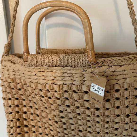 New Jewel & Clara Camel bamboo handle long straps woven straw bag lined - Picture 2 of 10